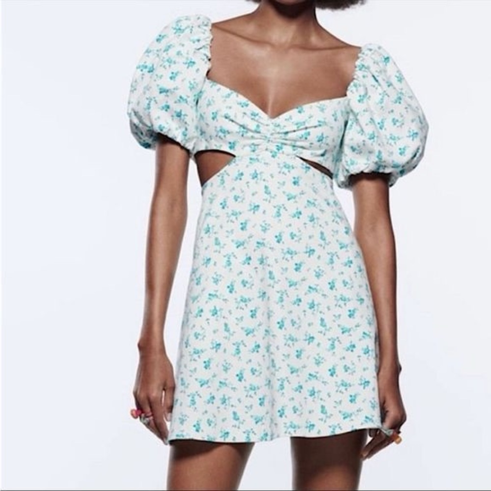 ZARA Floral Cut Out Puff Sleeve Mini Dress Blue Floral Size S